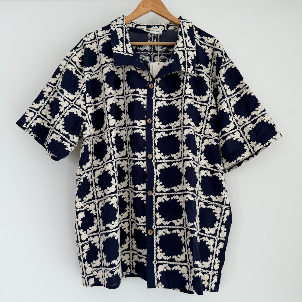 Fanm Mon Camp Shirt Mens XL Blue Embroidered Poyraz Resort Coastal Festival Luxe